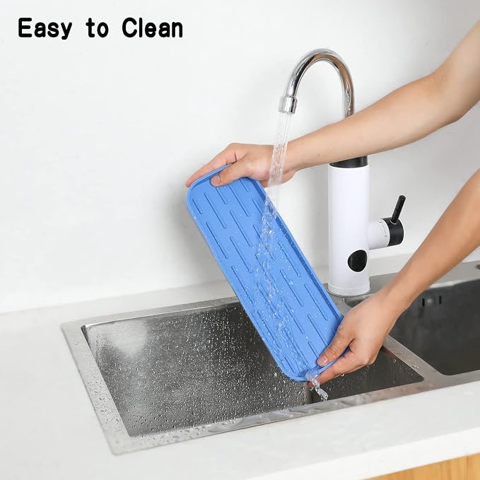 MicoYang Silicone Kitchen Sink Organizer Tray for Multiple Usage,Eco-Friendly Sponges Holder for Kitchen Bathroom Counter or Sink,Dish Soap Dispenser,Scrubber,Bottle,Cup (Lichen Blue, 12"×4")