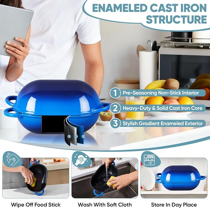 TeamFar Enameled Cast Iron Bread Loaf Pan, 2 QT Oval Dutch Oven with Lid | for Sourdough Bread Baking, Enameled Meatloaf Loaf Baking Pan with Lid, Even Heat Distribution & Self-Basting, Blue