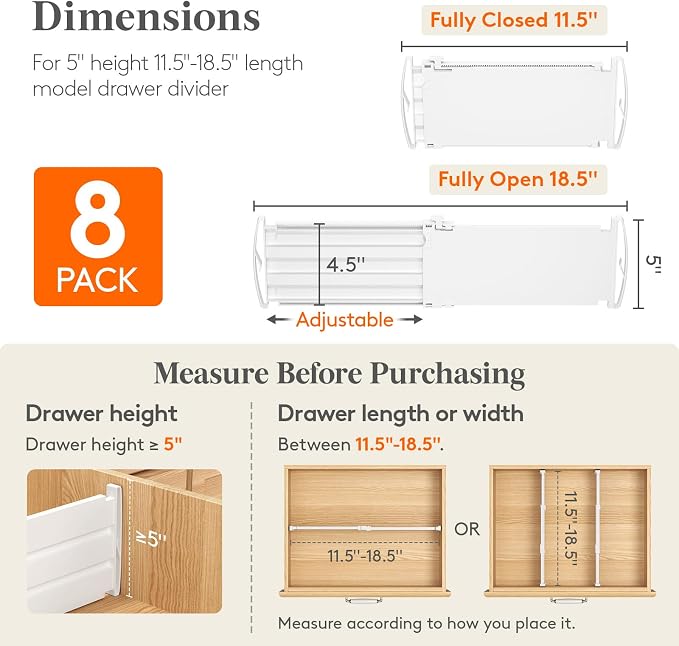 Lifewit 5" Tall Drawer Dividers, Adjustable Deep Drawer Organizer Clothes | 11.5"-18.5" Expandable Plastic Separators for Dresser, Kitchen, Cabinet, Nursery, Office, Socks & Underwear Storage, 8 Pack