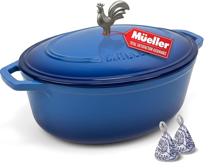 MUELLER HOME 5.5 Quart Enameled Cast Iron Oval Dutch Oven w Rooster Knob & Cotton Potholders, Heavy-Duty Cookware, Oven-Safe up to 500° F & Across All Cooktops, Gifts for Grandma & Women, Aqua Blue | w Rooster Knob & Cotton Potholders, Heavy-Duty Cookw...