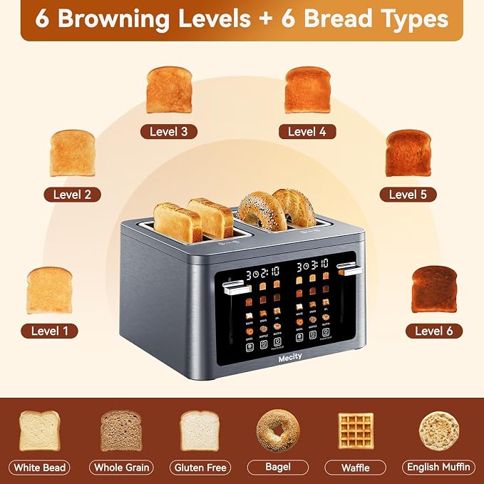 Mecity 4 Slice Touchscreen Toaster, 6 Bread Modes & 6 Browning Levels, Dual Touch Control Wide Slot Stainless Steel Electric Toaster with Memory, Defrost, 3-Min Auto Shutoff for White, Bagels, Waffles
