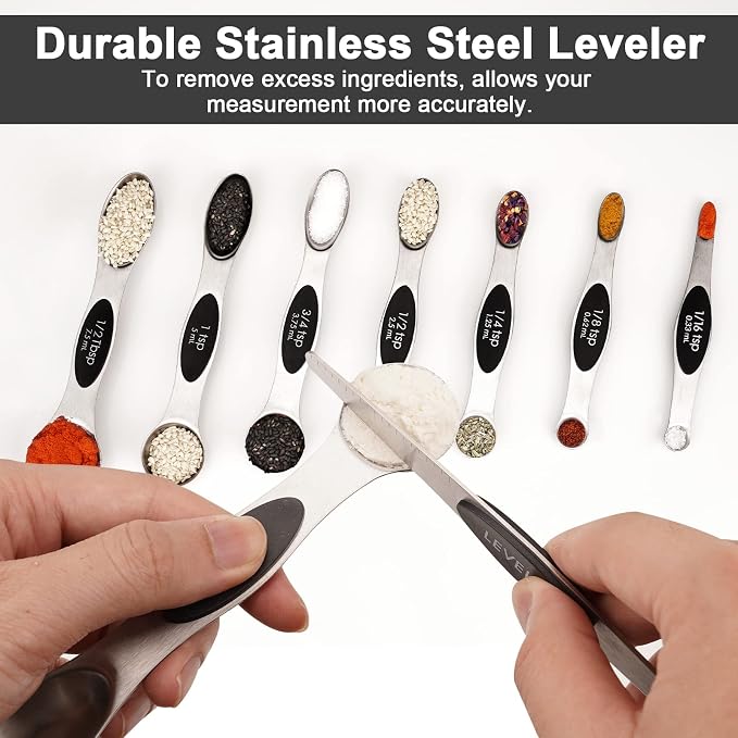 Aovchei 9 PCS Black Magnetic Measuring Spoons Set | Dual Sided, Stainless Steel Small Tablespoon, Teaspoons, Fits in Spice Jars, for Dry and Liquid