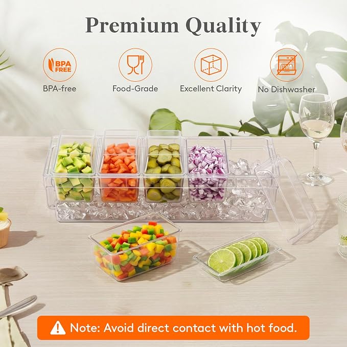 Lifewit Chilled Condiment Caddy with Stainless Steel Spoons & Tongs, 2 Pcs | Handle Design, BPA-free Condiment Server with 5 Removable Containers, Ice Garnish Tray for Taco, Mimosa & Dirty Soda Bar