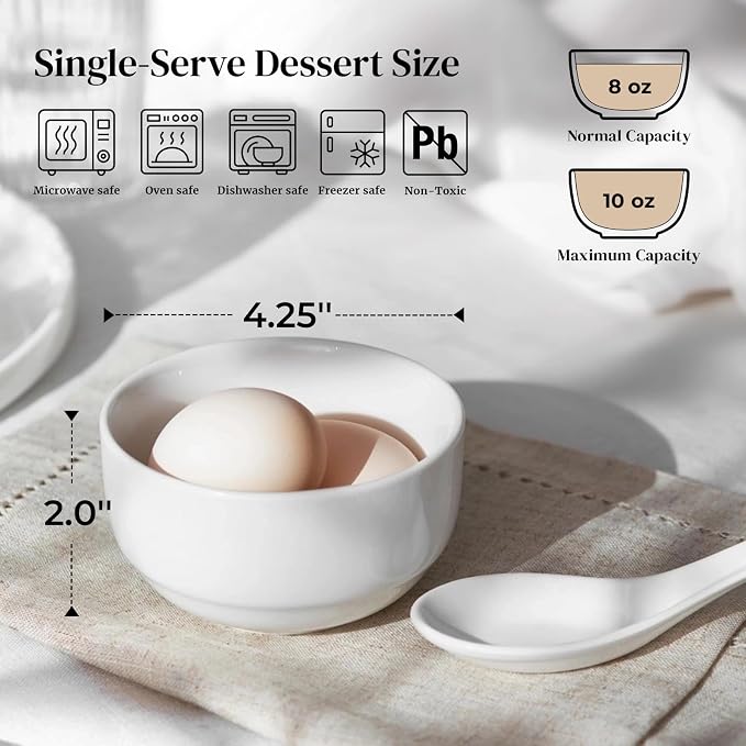 DOWAN 10 OZ Small Bowls, Ice Cream Bowls - 4.25" Ceramic Dessert Bowl Set of 6 - Porcelain Small Cereal Bowls, Side Dishes Dipping Bowl for Portion Control - Dishwasher Microwave Safe（Soft White