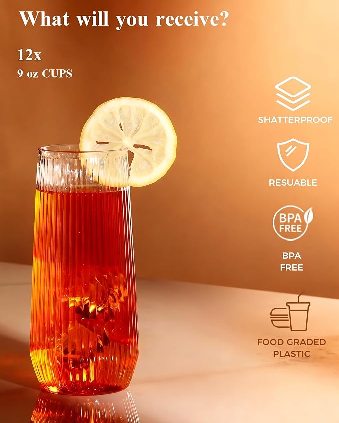 BESTSTAR 24 Pack Clear Plastic Ribbed Origami Ripple Plastic Glasses Set | 12 9 OZ Stemless Champagne Flutes & 12 12OZ Cups, BPA-Free Shatterproof Clear Drinkware for Weddings, Parties & Events