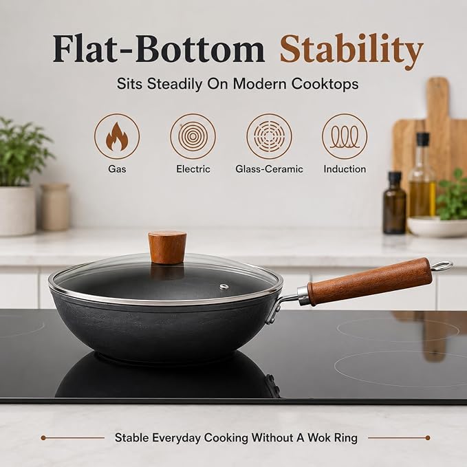 Carbon Steel Wok Pan, Flat Bottom Stir Fry Wok (10.20 inch)