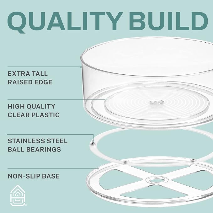 Home Intuition Round Plastic Clear Lazy Susan Turntable Food Storage Container for Kitchen (9" Round, 1 Pack)