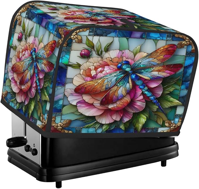 2 Slice Toaster Cover Dragonfly Flower Glass Toaster Covers Two Slice Wide Slot Waterproof and Dustproof Covers for Wide Slot Toasters and Small Appliances Kitchen Decor Gifts
