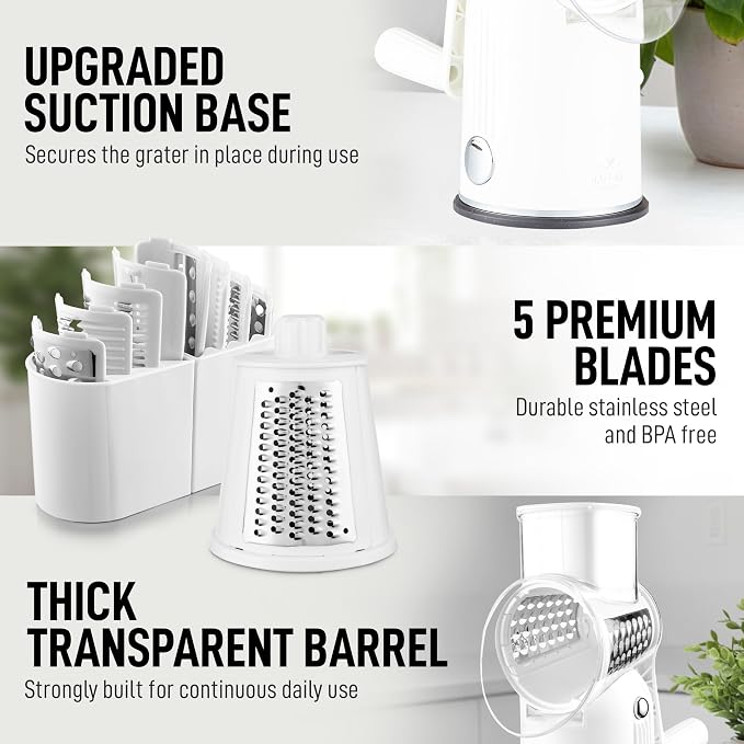 Zulay Kitchen Rotary Cheese Grater 5 Blade Cheese Shredder - Manual Hand Crank Cheese Grater With Reinforced Suction & 5 Interchangeable Drums - Easy to Use, Vegetable Chopper Round Mandoline Slicer