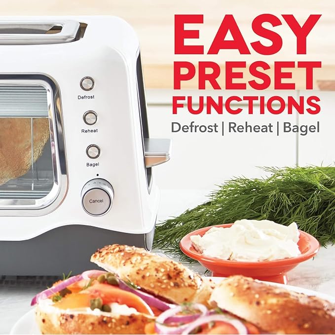 Dash Clear View Toaster | 10" Long Slot 2 Slice Toaster with See-Through Glass Window, 7 Browning Levels, Bagel, Defrost & Reheat Functions, Removable Glass Panel, Crumb Tray, White