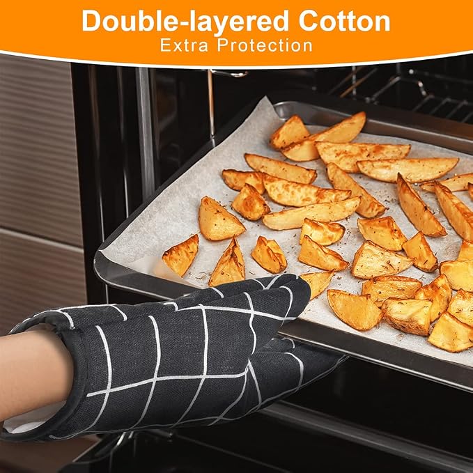AUAUY Oven Mitts and Pot Holders 6PCS Set, 392°F Heat Resistant, Black | Cooking Gloves and Hot Pads Baking Mittens BBQ Gloves, Top Kitchen Gadgets, Non-Slip Kitchen Mittens for Oven Baking Grilling