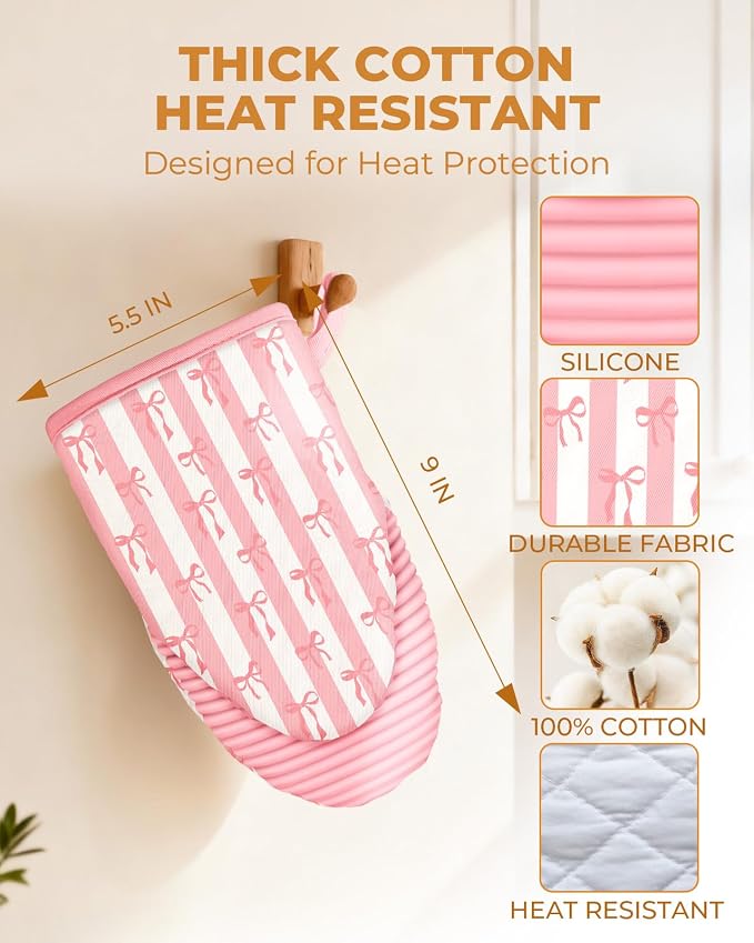 100% Thick Cotton Oven Mitts Ribbed Soft Silicone Cute Pink Bow | Aesthetic Oven Mitts for Women, Machine Washable Non-Slip Kitchen Mitts, Reversible for Both Hands, Stylish Kitchen Decor