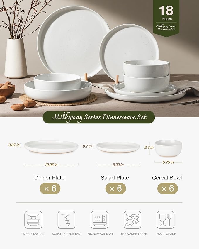 Famiware Milkyway 18-Piece Stoneware Dinnerware Set, White | Plates and Bowls for 6, Dishes Set for Everyday & Formal Use, Microwave & Dishwasher Safe, Chip & Scratch Resistant