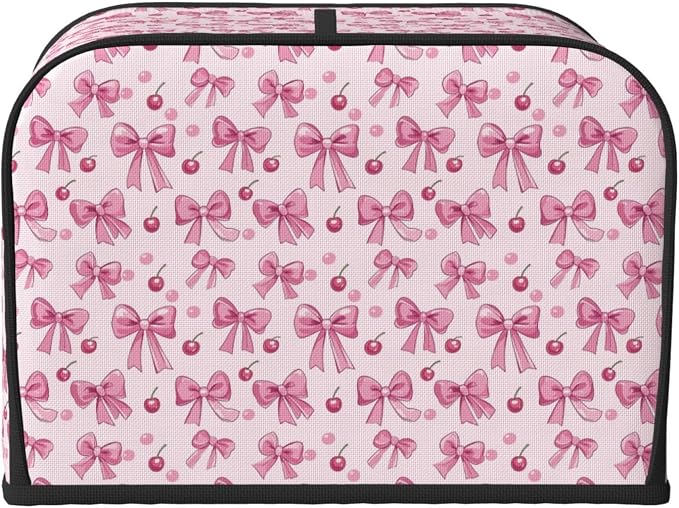 4 Slice Toaster Cover Pink Bow Pattern Cherry Dust Proof Washable Kitchen Appliance Cover with Pocket, Oxford Fabric Countertop Toaster Protector for Standard Toasters Small Appliances