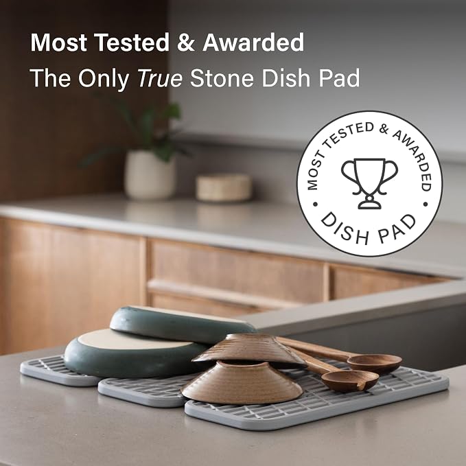Dorai Home Dish Pad - Collapsable Stone Dish Drying Mat with Diatomaceous Earth for Quick Drying - Ultra Absorbent - Encased in Silicone - Eco-Friendly, Foldable - Original 19.9"x15.2", Ash