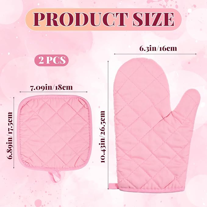 Oven Mitts and Pot Holders Sets, 2 Pcs Heat Resistant 500 °F, Extra Thicken Long Kitchen Cotton Oven Mitt Pot Holder for Cooking Baking Grilling (Pink)