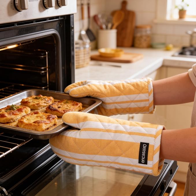 Encasa XO Oven Mitts, Heat Resistant Kitchen Gloves, Microwave | Franca Yellow Stripes, 100% Cotton | Diamond Quilted Insulation | Pot Holders | Hanging Loop | Barbecue & Grill | Set of 2