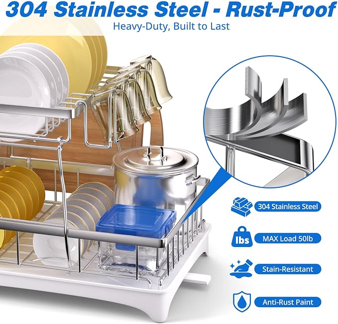 2-Tier Dish Drying Rack - 304 Stainless Steel Dish Rack Auto Drain | Dish Racks for Kitchen Counter, Dish Drainer with Knife Fork & Cup Rack, Gifts for Women, Mothers Day, Kitchen Gadget, Silver