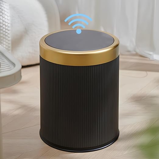 URALFA Automatic Bathroom Trash Can with Lid, Motion Sensor Trash Can | 3.7 Gal Bathroom Garbage Can Touchless, Smart Waterproof Trash Bin for Bedroom, Office, Restroom, Black and Gold