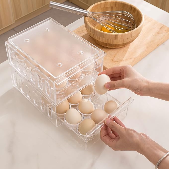 Egg Holder for Refrigerator Drawer Type Egg Container for Refrigerator BPA Free Fridge Organizer-12 Egg Storage,Stackable