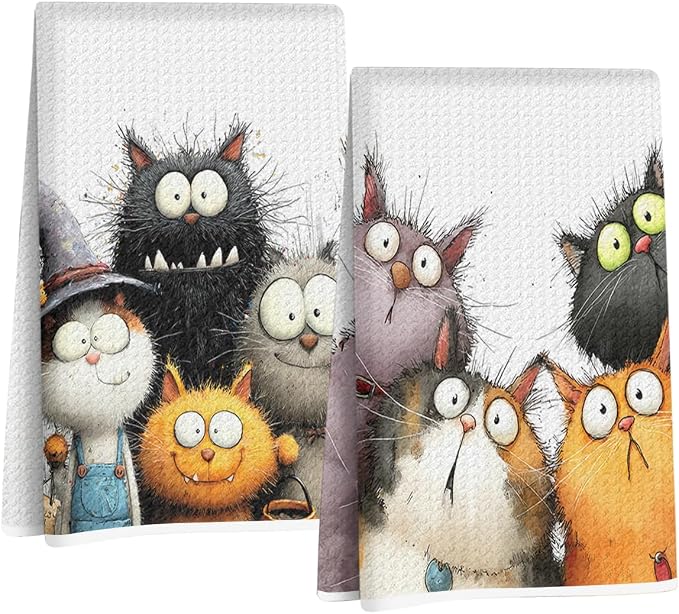 2 Pcs Cute Cat Kitchen Towels, Funny Cats Gifts Absorbent Hand Towels-06 | Cat Dish Cloths for Drying Dishes, Cats Waffle Dish Towels for Kitchen Home Bathroom Decor, Cat Lover Gifts for Women Mom