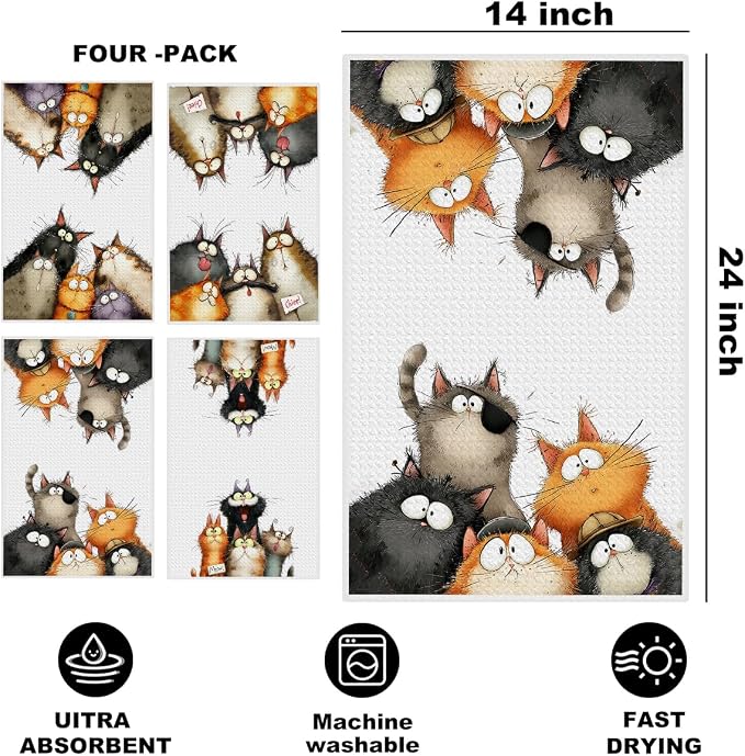 4 Pcs Cute Cat Kitchen Towels, Funny Cats Gifts Absorbent Hand Towels-07 | Cat Dish Cloths for Drying Dishes, Cats Waffle Dish Towels for Kitchen Home Bathroom Decor, Cat Lover Gifts for Women Mom