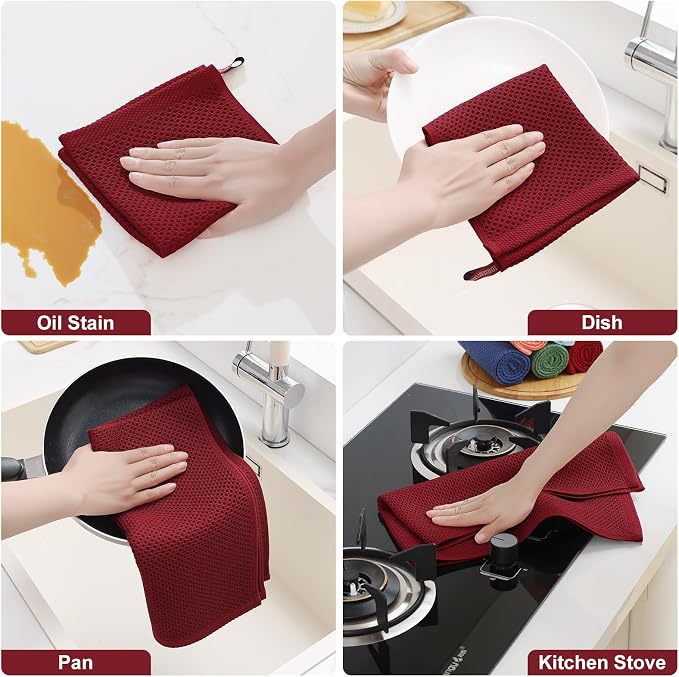 Homaxy 8 Pack 100% Cotton Kitchen Towels and Dishcloths Set, Burgundy | 12 x 12 Inches and 13 x 28 Inches Kitchen Towels Set, Ultra Soft Absorbent Dish Cloths for Washing Dishes