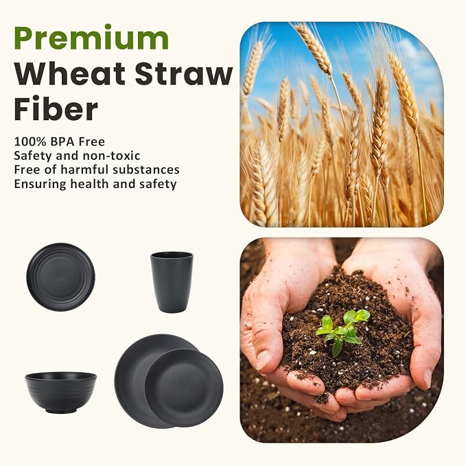 40-Pieces Wheat Straw Dinnerware Set, Kitchen Plastic Wheat Straw Dinnerware Set - Service for 8, Unbreakable Lightweight Dish Set for Kitchen, Camping - Plates Set, Bowls, Cups Set(Black)