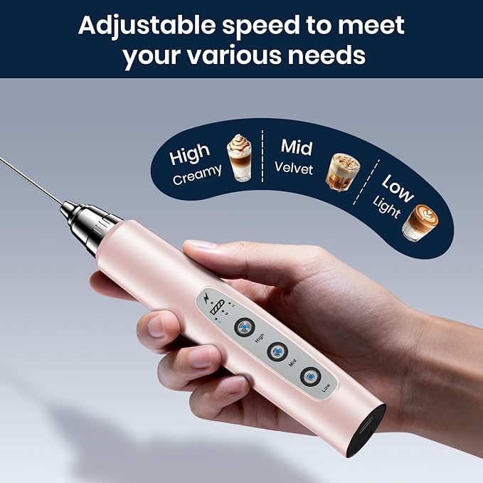 Milk Frother Wand Rechargeable Handheld Electric Whisk 3 Speed Adjustable | Coffee Frother Wand with 3 Stainless Whisks Electric Foam Maker Drink Mixer Blender for Latte Cappuccino Matcha Egg