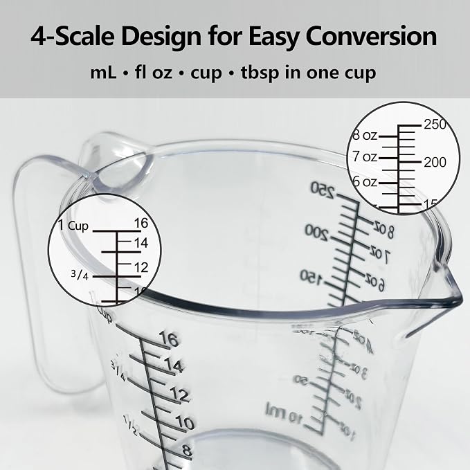 1 Cup (250ml) Measuring Cup, Laser-Etched oz/cup/mL/Tbsp, Small Plastic Measuring Cup with Handle for Baking, Hair Color & Resin