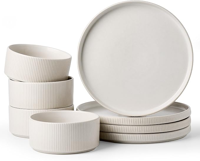 Famiware Star Stoneware Dinnerware Sets, 8-Piece Dishes for 4, Matte White | 10.5" Flat Dinner Plates & 5.5" Deep Cereal Bowls, Everyday Use, Chip & Scratch Resistant, Microwave & Dishwasher Safe