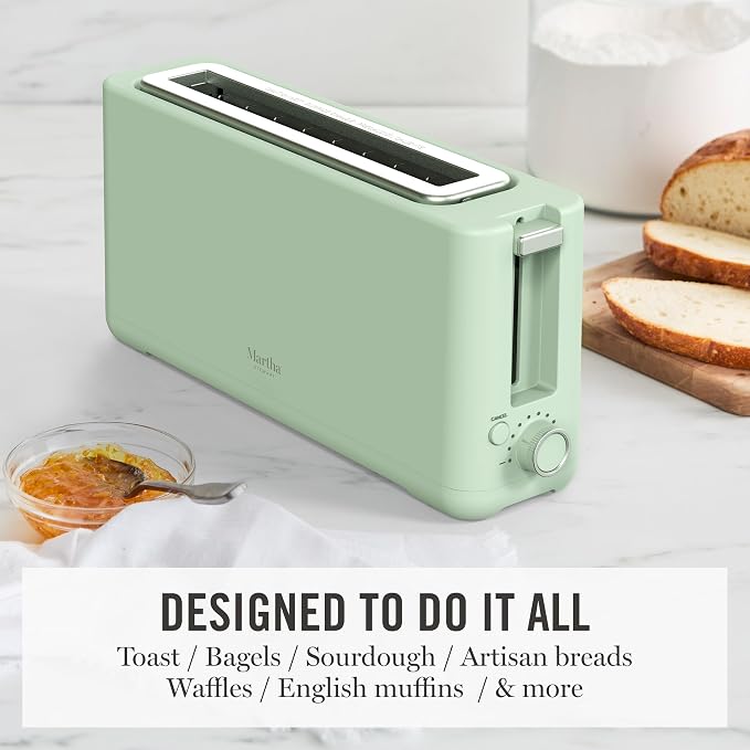 Martha Stewart 2 Slice Long Slot Toaster, Extra Wide, Honeydew | 10 Shade Settings, 10” Wide Slot, Sourdough, Bagels, Artisan Bread & Waffles, Smart Centering, Removable Crumb Tray
