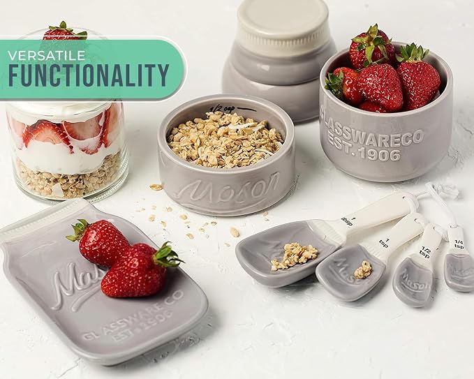 Comfify Gray Mason Jar Measuring Set – 4 Cups, 4 Spoons, Spoon Rest | Gray; ceramic; 9-piece set; 4 measuring cups + 4 measuring spoons + spoon rest; mason jar design; hand wash only