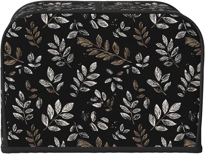 4 Slice Toaster Cover Boho Black Leaf Pattern Dust Proof Washable Kitchen Appliance Cover with Pocket, Oxford Fabric Countertop Toaster Protector for Standard Toasters Small Appliances
