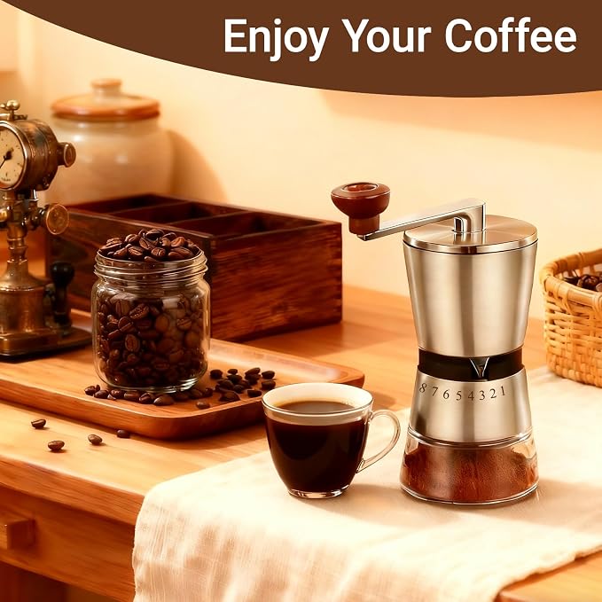 Ceramic Burr Manual Coffee Grinder with 8 Adjustable Coarseness Settings | For Cold Brew Espresso Beans French Press Pour Over Drip,Stainless Steel Hand Crank Coffee Mill for Home Use Travel Camping