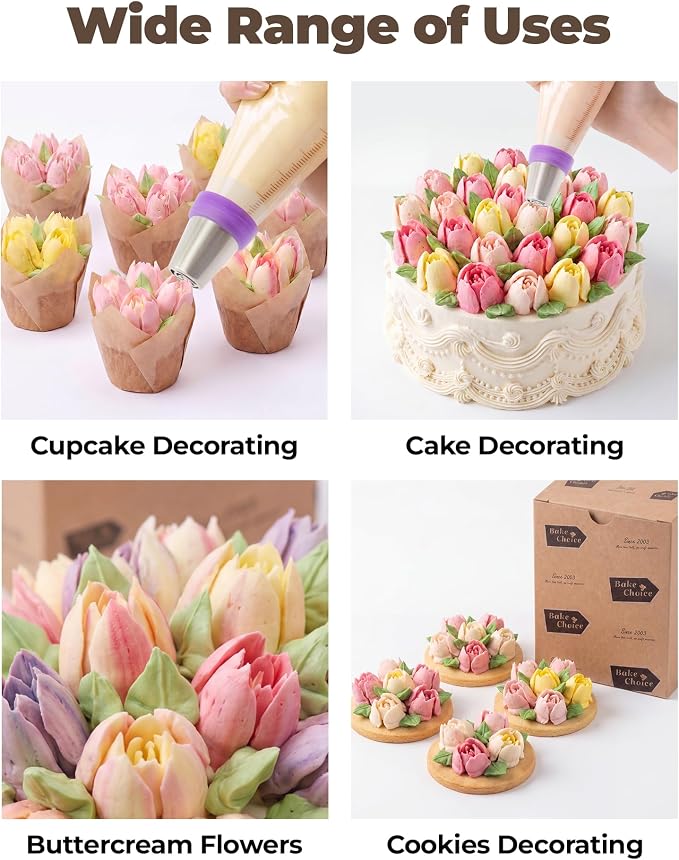 Bake Choice 46 Pcs Russian Piping Tips Set, Stainless Steel | Piping Bags and Tips Set, 6 Russian Piping Tip, 2 Leaf Piping Tip, 2 Couplers, 36 Piping Bags for Cupcake, Cookie, Baking
