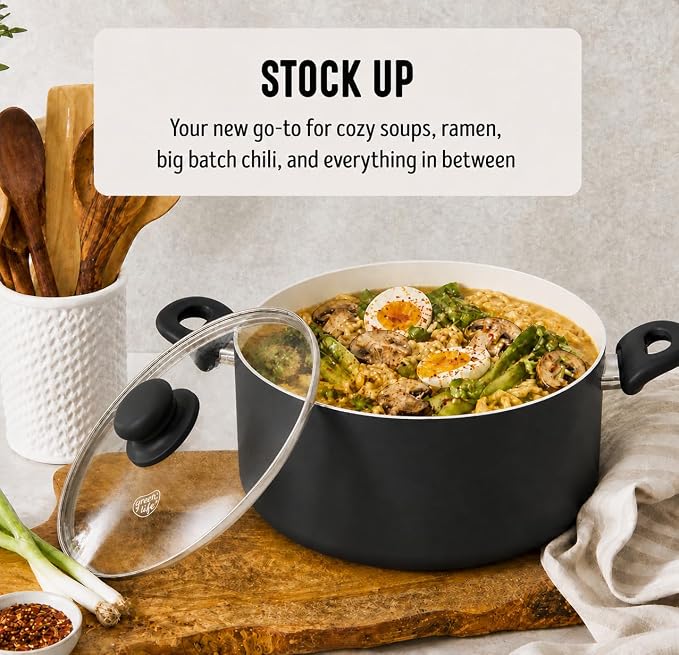 GreenLife 5QT Ceramic Nonstick Stockpot with Lid, Graphite Black | PFAS-Free Nonstick Coating, Casserole Pot, Soup Pot, Pasta Pot, Induction Ready, All Stovetop Compatible, Dishwasher Safe