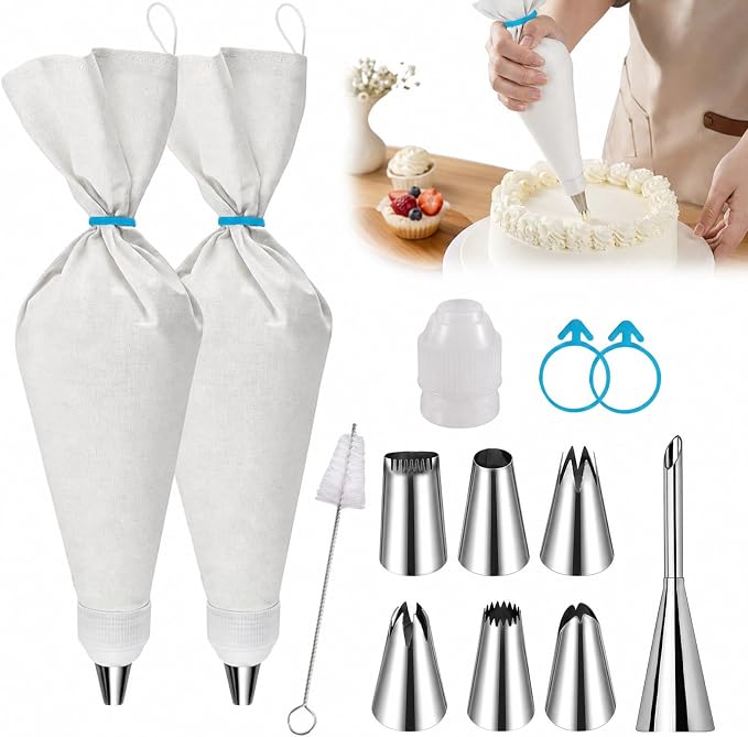 Reusable Piping Bags and Tips Set – 16" Pastry Bags for Cake Decorating, Cupcakes & Cookies with Frosting Tips – Leak-Proof Cotton Icing Bags, Eco-Friendly Baking Kit for Home Bakers & Beginners