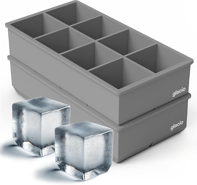 Ice Cube Molds, 2 Pack Silicone Trays for 8 Large Square Cubes | Slow Melt Large Squares, Flexible Silicone Trays, Easy Release, 2 Pack, for Whiskey Cocktails Coffee & More
