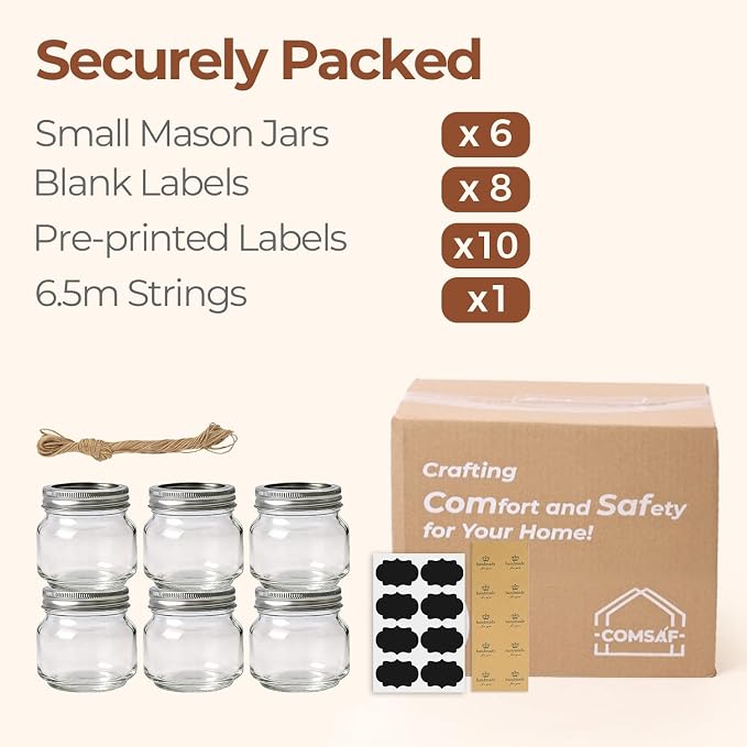 ComSaf 8 oz Square Mason Jars, 6 Pack Small Regular Mouth Jars with Lids | BPA-Free Materials, Half-Pint Portions, Small Jam, Jelly, Honey Sample, Spice Rack, DIY Candles, For Big Canning Project