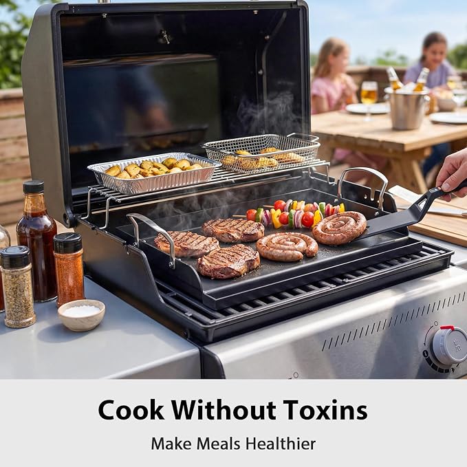 Utheer Griddle Kit, 17 x 13 Inch Pre-Seasoned Cast Iron Flat Top | Includes scratch-free tools for cooking, universal design works with gas grills, charcoal grills and camping