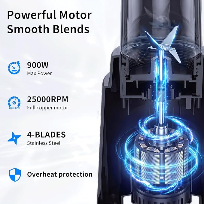 COKUNST Smoothie Blender, Personal Blender with 2 To-Go Cups & Lids, Black | 25,000 RPM Powerful Motor, Blender and Grinder Combo, One-Button Pulse, BPA Free, Compact Size, for Kitchen, Frozen Drinks