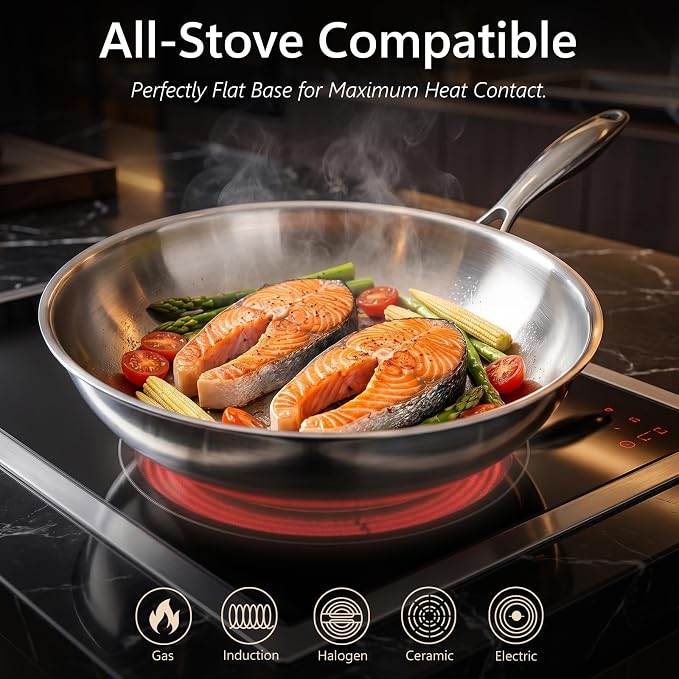 WANGYUANJI 4.2 QT Tri-Ply Stainless Steel Wok Pan with Lid, 12" Flat Bottom Stir Fry Skillet for Asian Cuisine, Premium 18/10 Induction Cookware for 3-4 Servings, Oven Safe