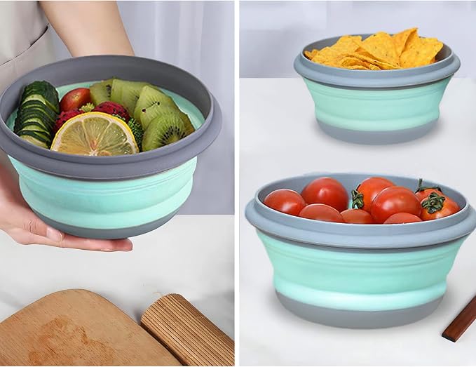 Collapsible Bowls, 3pcs Food Grade Silicone Camping Bowl Salad Bowl with lids, Portable Expandable Lunch Box Food Storage Container for Camping Travel and Picnic,Blue