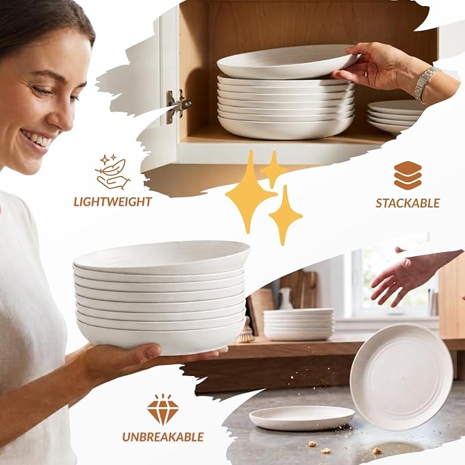 Wheat Straw Plates, 8 Inch Dessert Plates Set of 8, Unbreakable White Round Plate - Alternative to Plastic Plates, Lightweight Microwave and Dishwasher Safe Plate Set for Camping - White