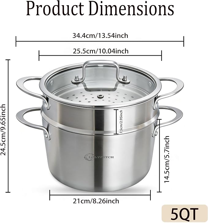 LOLYKITCH 5-Quart Tri-Ply Stainless Steel Steamer Pot with Glass Lid | Steaming Pot for Cooking | 2 Tier Induction Steamer Pot for Tamales Seafood Vegetables Dumplings | Stock Pot | Thick