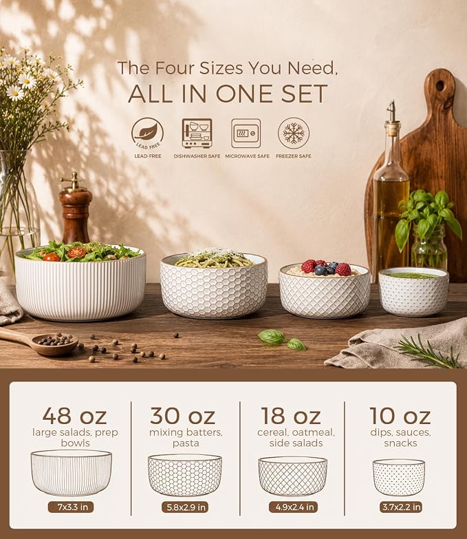 GBhome Ceramic Mixing Bowls Set of 4, Stoneware Nesting Serving Bowls | 48/30/18/10 oz For Prep, Baking, Serving, Gift, Microwave and Dishwasher Safe, Embossed Dishware Collection-Off White