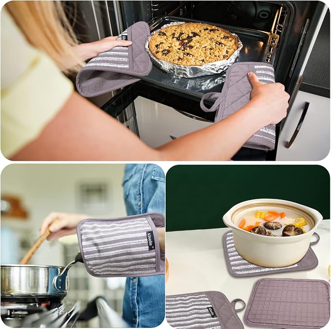 Alselo Silicone Pot Holders Set of 3 Heat Resistant & Non Slip Potholders | Professional Oven Hot Pads with Pockets Mitts for Kitchen Cooking Baking Barbecue (Purple, 3)