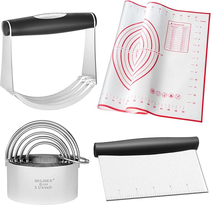 HULISEN 5-Pc Biscuit Cutters, Pastry Scraper, Dough Blender, Silicone Mat | Stainless Steel, Dishwasher Safe, Etched inch/cm Markings, Gift Package, Ergonomic Rubber Grip, Professional Baking Tools