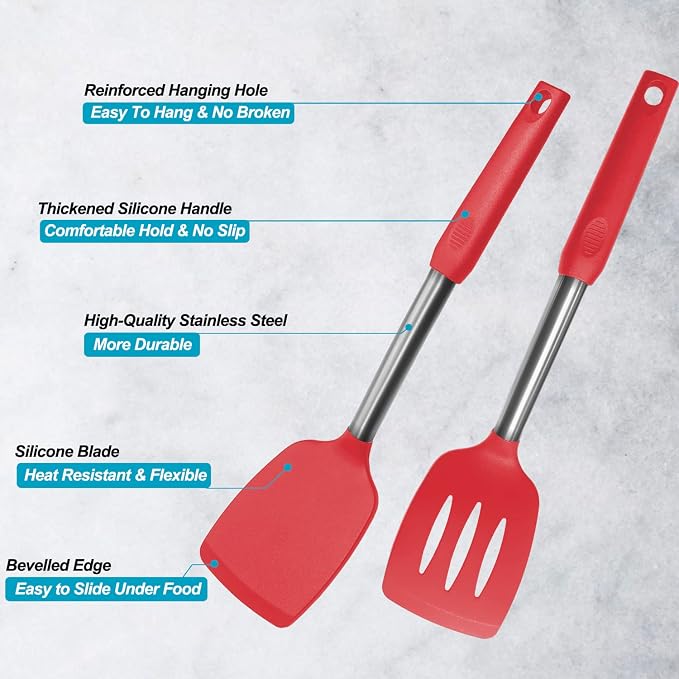 2 Pack Spatulas, Solid & Slotted Silicone Spatula Set, Stainless Steel Handle Coated with Silicone, Non Stick Turners, Heat Resistant Rubber Spatulas for Fish, Eggs, Pancakes, WOK, Red